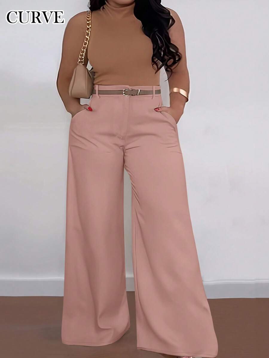 ANCHOSE Plus Size Women High Waist Pocket Design Flare Pants, Casual Loose Fit, Early Autumn