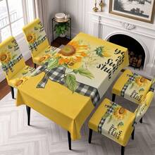 2/4/6/5/7 Pcs Sunflower Plaid Yellow Tablecloth And Chair Cover Set, 4 Pcs (4 Chair Covers), 6 Pcs (6 Chair Covers), 5 Pcs (1 Tablecloth + 4 Chair Covers), 7 Pcs (1 Tablecloth + 6 Chair Covers), Suitable For Indoor/Outdoor, Home Gatherings, Holiday Table & Chair Decor, Reusable - Multicolor - View 7