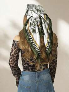 1pc Women's Geometric Satin Square Scarf – Fashionable Headband & Hairband, Elegant Bandana For Outdoor & Daily Wear, Perfect Valentine's Day Gift - 軍綠色 - 查看 2