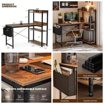 100x80 L Shaped Gaming Desk With Reversible Storage Shelves, Computer Desk Home Office Corner Study Writing Table With Hutch, Study, Black