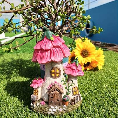 1 st förtrollande trädgårdsstaty med svamphus i harts – nyckfullt sagotema med rosa paddstolshus och blomsterdekorationer, perfekt för vårdekor, gårdsplanering och födelsedagspresenter