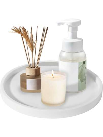 10.6 Inch Round Silicone Bathroom Tray, Decorative Soap Holder, Kitchen Countertop Organizer, Round Dressing Table Tray For Candles, Perfume, Plants, Jewelry, Keys, Lotion Bottles (White)