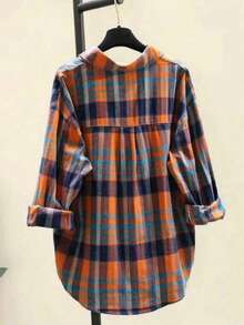 Women's Button Down Flannel Shirts Plaid Shacket Long Sleeve Collared Business Casual Tops Work Blouses With Pocket - Brown - View 2