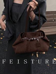 1 件大容量肩带装饰手提包，新款绒面革通勤单肩包，磁扣，适合日常外出、约会、通勤 - 咖啡 - 查看 8