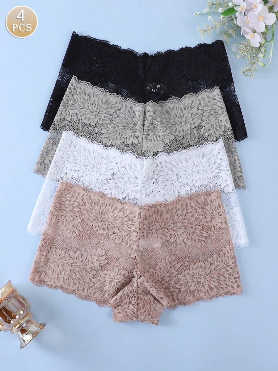 4pcs Women's Mid-Waist Lace Briefs, Elegant Solid Color, Soft & Comfortable, Sexy & Alluring Ladies Underwear - Multicolor - View 1