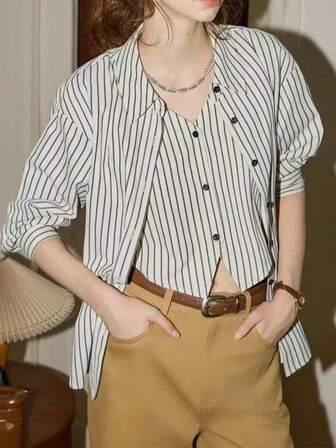 女士条纹二合一衬衫，简约优雅设计，长袖，正面纽扣，口袋，办公室穿着，春秋季