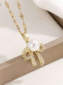 1 pieza Conjunto de collar con colgante de mariposa y aretes de acero inoxidable con circonita cúbica y perla falsa, diseño de lujo versátil micro-incrustado personalizado para fiesta, joyería de regalo