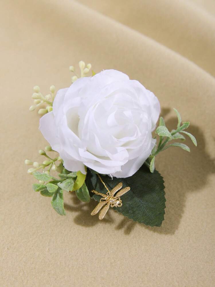 1pc Nature-Inspired Artificial Flower, Leaf & Fruit Decor Boutonniere, Suitable For Wedding, Party, Banquet Valentine's Day Accessories,Summer,Beach,Elegant,Birthday - White - View 5
