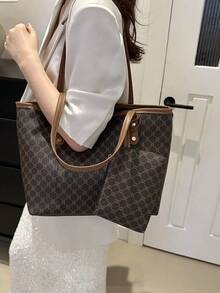 Two Pieces Women's Large Capacity Tote Bag, Stylish Color Contrast Shoulder Bag PU, Female College Students, Novices And White-Collar Workers, Suitable For Office, University, Work, Business, Commuting, Outdoor, Travel, Outing - Black - View 2