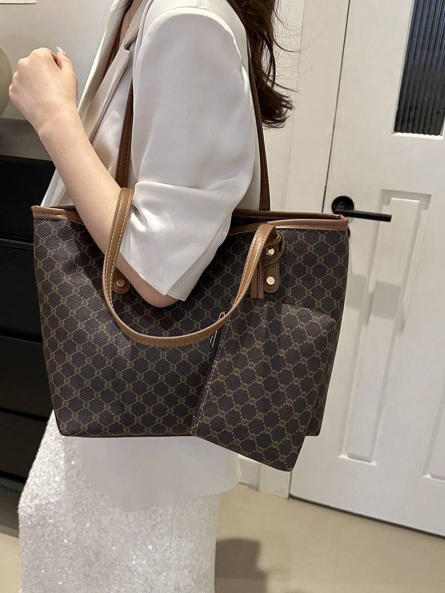 Two Pieces Women's Large Capacity Tote Bag, Stylish Color Contrast Shoulder Bag PU, Female College Students, Novices And White-Collar Workers, Suitable For Office, University, Work, Business, Commuting, Outdoor, Travel, Outing