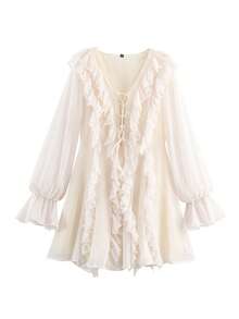 纯色浪漫荷叶边雪纺长袖V领休闲沙滩度假长裙 - 白色 - 查看 8