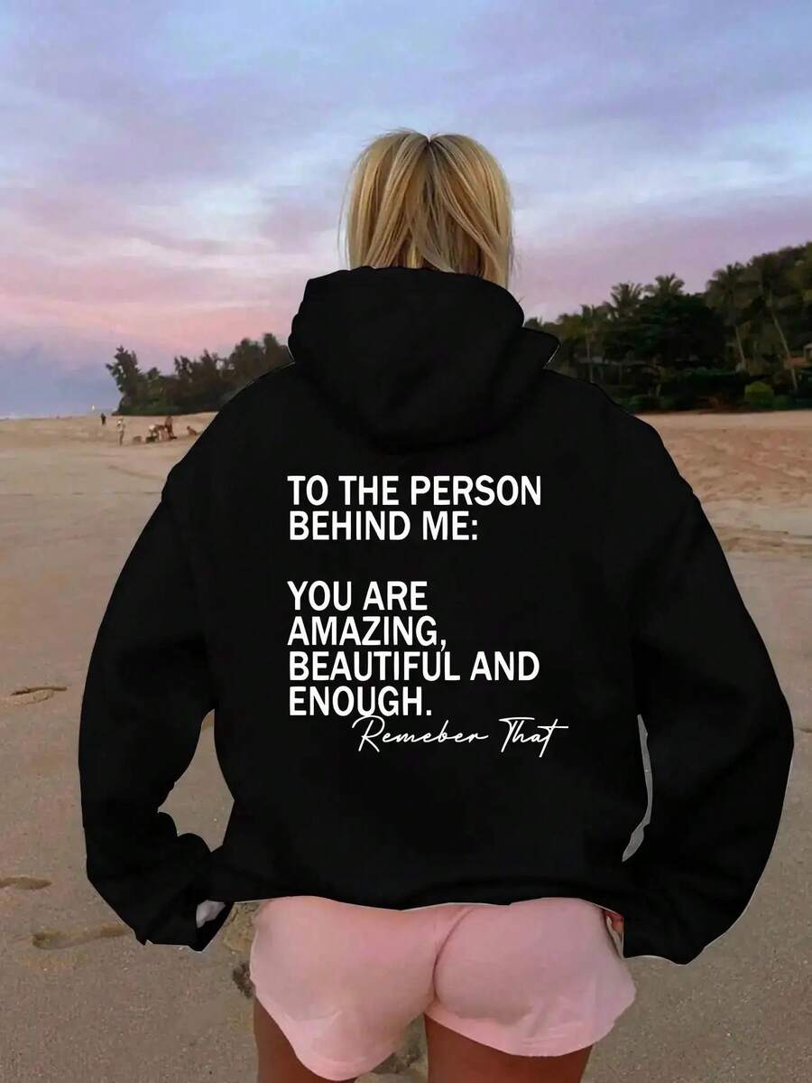 Women's Empowering Back Print Hoodie With "You Are Beautiful Enough And Amazing" Self-Love Message - Black And White Positive Affirmation Sweatshirt,  Pocket Casual Winter Warm Pullover, Enhance Confidence Outfit, Clothes, Women's Clothing, Women's Winter Clothing, Women's Fun Hoodie, Women's Sweatshirt, Women's Plus Size Hoodie, Women's Autumn Clothing, Sweater, Women's Autumn Clothing, Women's Sweatshirt And Hoodie, Plus Size Women's Clothing, Fashion Clothing, Autumn Women's Clothing, Cute Clothes, Tops, Father's Day Gift, Mental Health Hoodie, Women's Sweater, Hoodie With Slogan, Women's Sweatshirt - White And Navy Off-The-Shoulder Cropped Top - Black - View 1