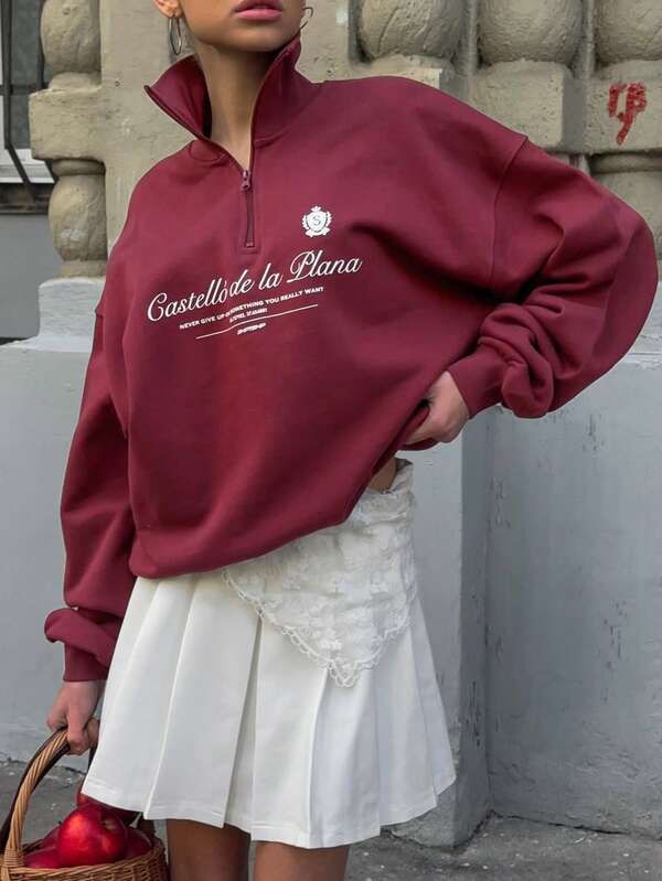 Women Fashionable Casual Sportswear Autumn And Winter Solid-Color Loose-Fit Drop-Shoulder Long-Sleeve Sweatshirt With Stand-Up Collar And Lapel Detail, English Pattern Design, Featuring A Half-Zip Design