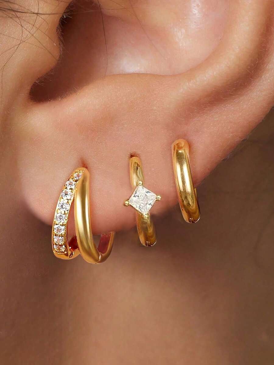 6只/3对 14K镀金双层小耳环，低过敏性透明立方氧化锆耳夹耳环，适合耳骨、耳垂、耳廓及其他穿孔部位，女士及女孩适用 - 6Pcs Set2 - 查看 1