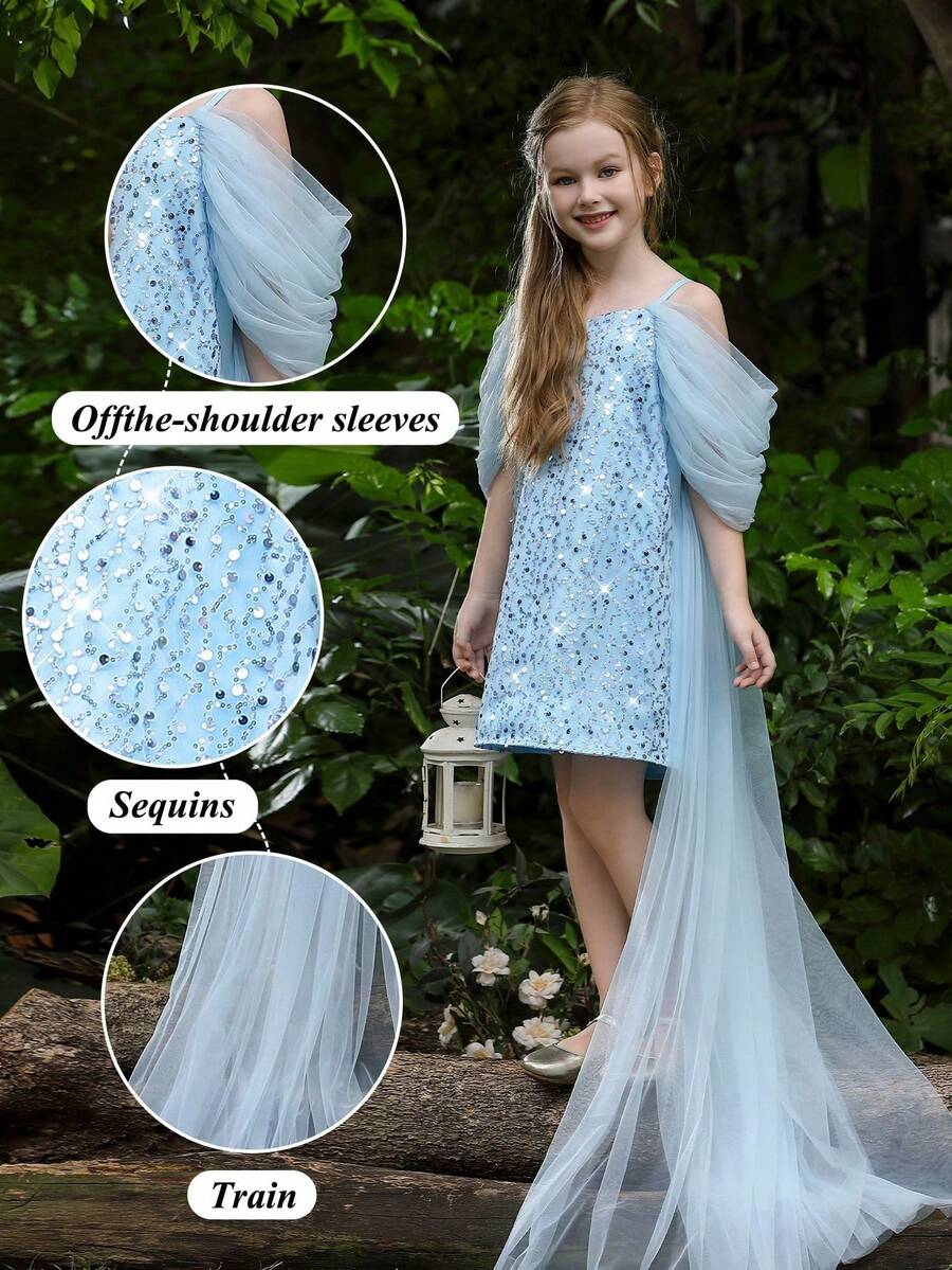 Tween Girl Off-Shoulder Trailing Mesh Sequin Party Dress, Princess Dress Suitable For Birthday Gift, Banquet, Wedding, Bridesmaid, Prom, Party, Holiday Celebration - Baby Blue - View 1