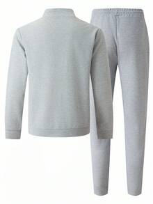 一套棒球领纯色长袖开衫外套+长裤，秋季服装 - 灰色 - 查看 3