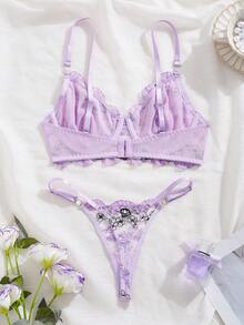 Floral Embroidered Sheer Mesh Bra Set, Adjustable Strap Lingerie Set, Seductive Transparent Alluring Bra Set, Intimate Valentine's Day Gift - Purple - View 6