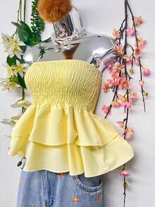 T110Cropped Elastic Blouse With Ruffle - Light Yellow - View 2