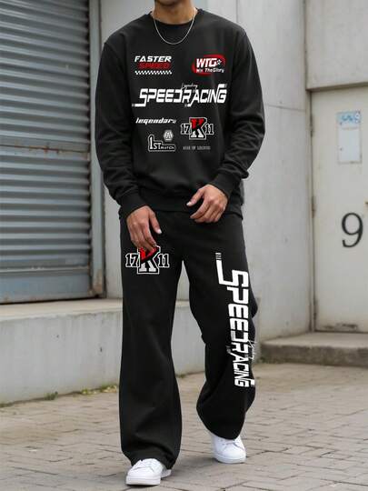 Men's Autumn/Winter Regular Sweatshirt And Sweatpants Set, Personalized Racing Car Print And Text Design, Fashion Casual Outfits With Pockets Sports Pants, 2 Pieces Set
