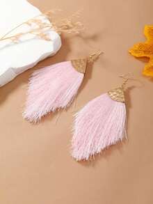 1 Pair Bohemian Style Fluorescent Red, Navy Blue, Gray, Rose Red, Faux Pearl Pink Long Tassel Triangle Minimalist Fashion Alloy Earrings For Women, Suitable For Daily Wear - Pink - View 2
