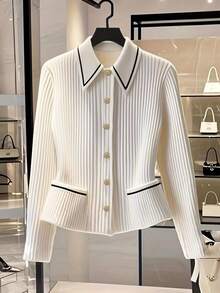 Cárdigan de punto elegante para mujer con cuello, botones delanteros y bolsillos, de manga larga y longitud regular con elasticidad media