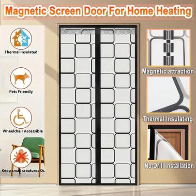 AIYYIPA 1pc Magnetic Thermal Insulation Screen Door, Pet Friendly & Wheelchair Accessible, Made Of Heat-Insulating EVA Material, Black & White Plaid Pattern, Grid Shape. With Magnetic Closure, Thermal Insulation, No-Drill Installation & Anti-Small Creature Details, Locks In Heat, Suitable For Home Heating, Christmas & Winter Use