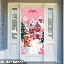 1pc Pink Christmas Door Decor Banner: Cute Gingerbread Pattern, Perfect For Indoor Holiday Atmosphere, Suitable For Parties, No Electricity Needed Party Banner