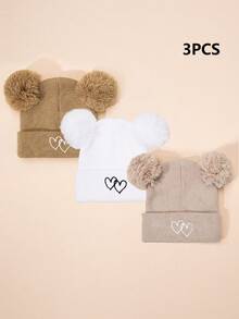 3pcs/1pc Embroidered Double Pom Pom Heart Knit Beanie, Ski Warm Baby Boys Girls Unisex Hats, Y2K Style Outdoor Cold-Proof Knit Cap, Casual Versatile Winter Warm Beanies, Suitable For Costume Kids