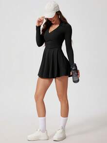 MASKERT 女士运动连衣裙、瑜伽服、网球裙，搭配舒适亲肤短裤 - 黑色 - 查看 7