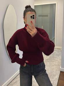 女士高领毛衣，优雅奢华纹理长袖修身套头针织衫，复古风格 - 酒紅色 - 查看 7