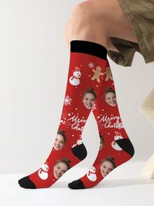 1 Pair Customized Face Socks, Customized Photo Socks, Customized Printed Socks, Print Any Face On Socks, High-Quality Men's Socks Suitable For Anniversary Gifts, Halloween, Christmas, Unique Gifts For Brides, Gifts For Boyfriends, Couples Funny Geometric Print Socks, Women's Knee-High Socks, New Thick Long Socks For Autumn/Winter, Calf Socks
