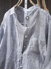 Plus Size Plaid Button Front Drop Shoulder Long Sleeve Woven Shirt With Pockets - Black and White - View 3