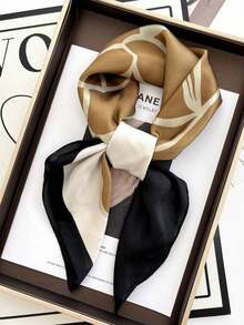 1pc 70x70cm Women's Satin Square Scarf – Stylish Small Printed Bandana, Neck & Hair Wrap, Skinny Tie, Elegant Shawl For Daily Wear - Hoa đen Khaki - Xem 1
