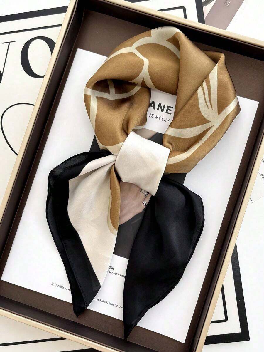 1pc 70x70cm Women's Satin Square Scarf – Stylish Small Printed Bandana, Neck & Hair Wrap, Skinny Tie, Elegant Shawl For Daily Wear - Hoa đen Khaki - Xem 1