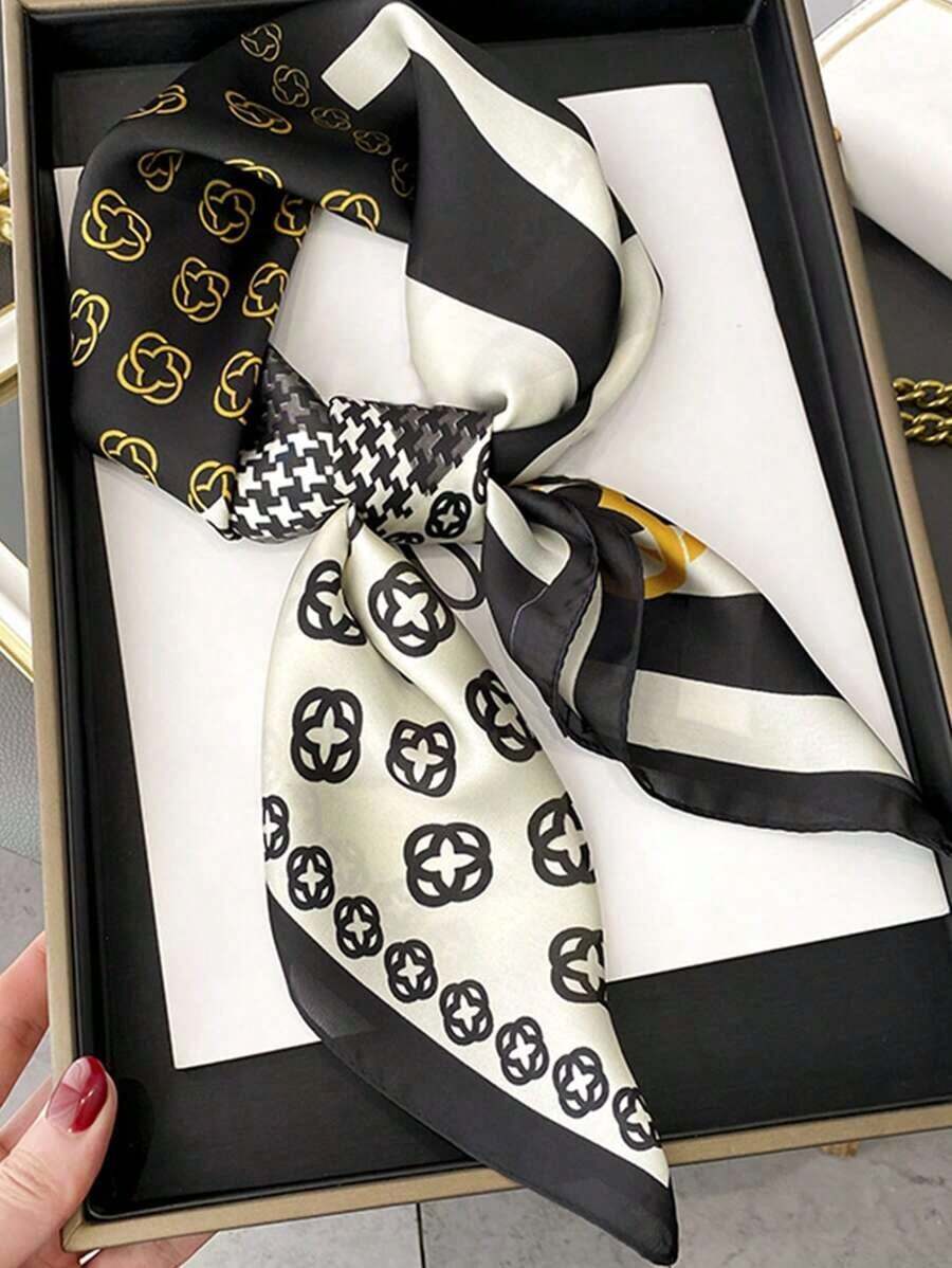 26.77in (68cm) Women's Fashionable Faux Silk Printed Square Scarf – Breathable Hairband, Neckerchief, Bag Handle Accessory, Versatile Bandana & Headband For Styling - 黑色 - 查看 1