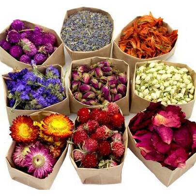 9 Bags Set Dried Flowers Artisan Dried Flower Kit - Candle Making Soap Making DIY Candel Natural Flowers-Lemon,Lavender,Roseleaf,Pink Rose,Red Rose,Jasmine,Rose Petal And More