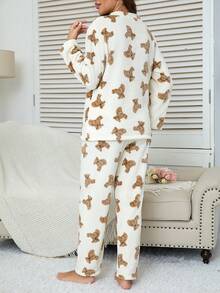 2pcs Women's Winter Pajama Set, Flannel Warm Fluffy Pajamas With Cute Bear Pattern, Minimalist & Fashionable Sleepwear, Fall Clothes