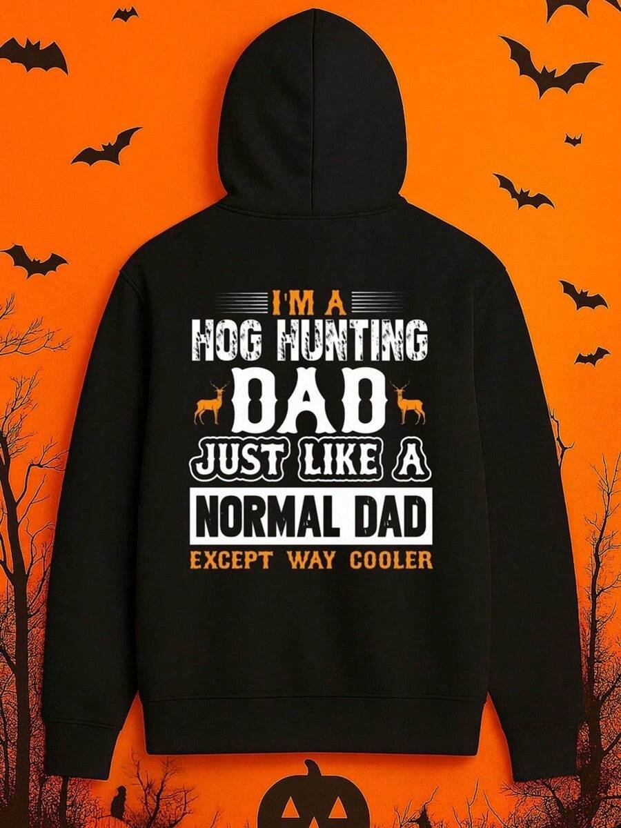 1 Pack Men'S Funny I'm A Hunting Dad Graphic Hooded Sweatshirt - Breathable Polyester Stretch Fabric, Cooler Than Normal Dad Slogan With Deer & Forest Design, Casual Outdoor & Weekend Wear For Hun,Fall Hoodies,Men's Fall Clothes,Street Wear,Halloween,Mens Hoodies,Y2k Clothes,Jesus Hoodie,Thanksgiving Day,Nightmare Before Christmas,Christmas - 黑色 - 查看 1