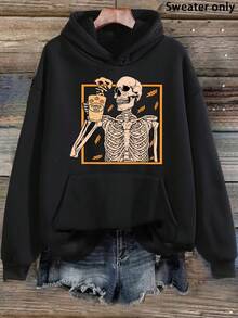 Talla grande - Mujeres, sudadera con capucha con estampado de calabaza de Halloween, manga larga, bolsillo delantero, color beige, moda otoño/invierno, ropa casual, ropa de Halloween | Diseño de calabaza de Halloween | Construcción, disfraces de Halloween - Oscuro - Ver 1