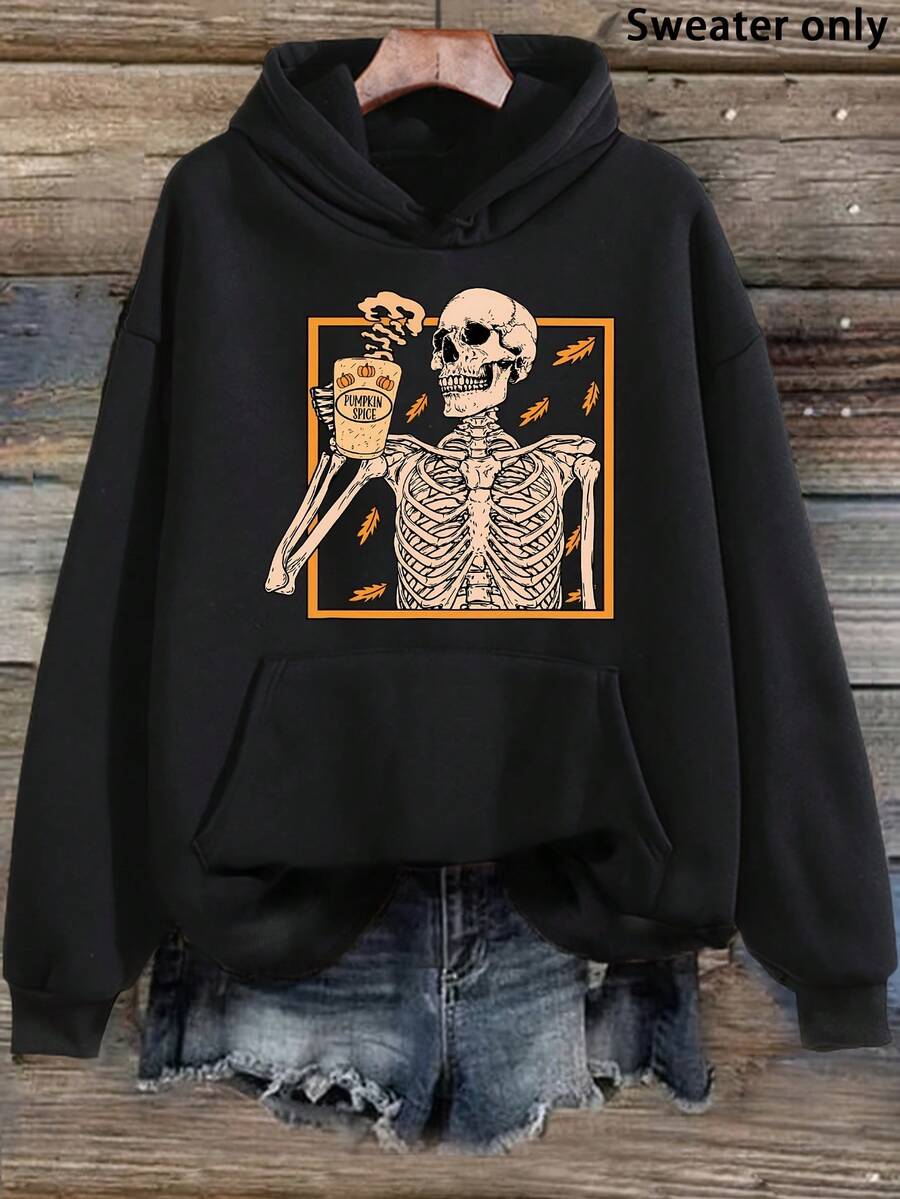 Talla grande - Mujeres, sudadera con capucha con estampado de calabaza de Halloween, manga larga, bolsillo delantero, color beige, moda otoño/invierno, ropa casual, ropa de Halloween | Diseño de calabaza de Halloween | Construcción, disfraces de Halloween - Oscuro - Ver 1