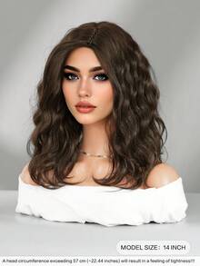 7JHH WIGS Peluca corta ondulada de 14 pulgadas de color marrón para mujeres, peluca bob de longitud hasta los hombros con rizos ondulados y flequillo lateral, fibra sintética resistente al calor para uso diario y de disfraz - Marrón - Ver 4
