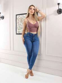 提臀修身牛仔裤，凸显身材曲线，适合度假和外出穿着 - 藍色 - 查看 4