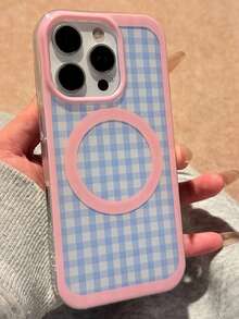 Funda de teléfono magnética con estilo simple de patrón de cuadrícula a cuadros, compatible con iPhone 17 Pro Max, 17 Pro, 17, 16 Pro Max, 16 Pro, 16, 15 Pro Max, 15 Pro Max, 15 Pro, 14 Pro Max, 14 Pro, 13 Pro Max, 13, 12 Pro Max, 12, 11, con color contrastante y carga inalámbrica suave - cuadros azul pálido - Ver 4