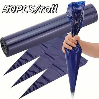 50个/卷 蓝色一次性塑料挂袋 - PET加厚裱花袋，适用于DIY装饰甜点、纸杯蛋糕、饼干和其他装饰品，可重复使用，防滑，防尘密封，易于存放的卷装包装，是家庭和厨房烘焙、圣诞烘焙、蛋糕装饰、糕点工具、厨房用品、厨房用具、厨房小工具的必备品。