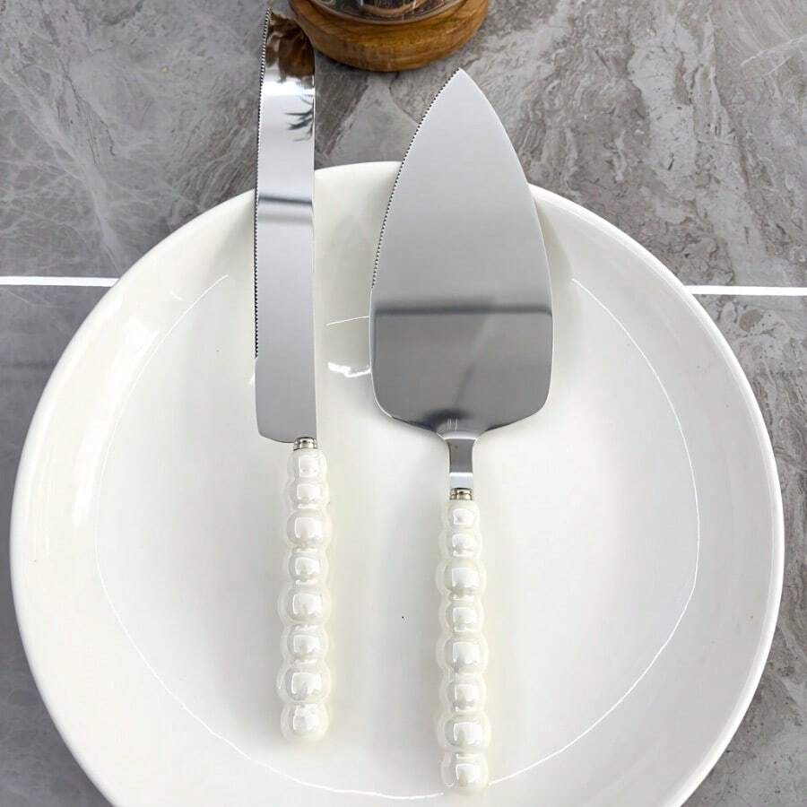 2pcs Pearl Ceramic Handle Stainless Steel Cake Server And Knife Set, Baking Tools, Pizza Spatula Pastry Scoop, Cake Cutter Tool, Suitable For Weddings, Birthdays, Parties - Perfect For Christmas, Thanksgiving, Father's Day, Mother's Day, Children's Day, Valentine's Day, Graduation Multifunctional Kitchen Utensils - Xẻng phết bánh Silvery 2 chiếc - Xem 1