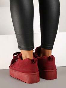 女士柔软仿毛皮厚底运动鞋，冬季休闲旅行鞋 - 酒紅色 - 查看 4