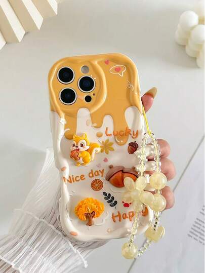 Squirrel Painted Cute Cartoon Handmade Sticker Accessories, Painted Star Bracelet, Cream Wavy Minimalist Shockproof Thick Phone Protective Case