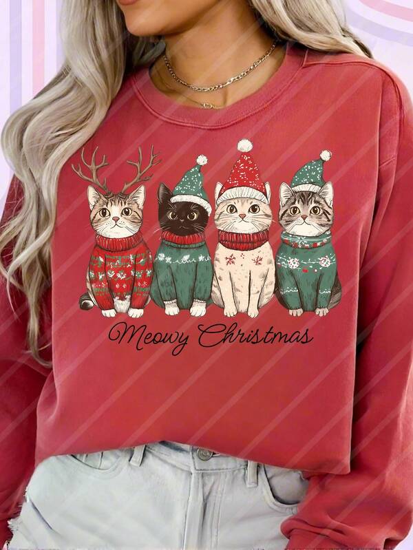 Cute Cat Meowy Christmas DIY Iron-On Heat Transfer Sticker Decals Patch, Suitable For T-Shirts, Sweatshirts, Pillowcases, Fabric, Bags And Clothing Decoration, Merry Christmas Xmas Holiday Party Decor, 10inch