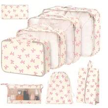 8件套便携式旅行收纳包套装 - 轻松整理衣物、鞋子和内衣 - 完美收纳于行李箱和旅行包中。8个印有标语的旅行收纳包，包括鞋袋、洗漱包和洗衣袋，适用于学校用品、房间装饰、卧室装饰、宿舍必备，学生和教师均可使用。收纳包、衣物收纳包、打包袋、旅行包套装、旅行收纳套装、旅行必备品 - 彩色 - 查看 1