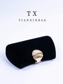 1pc Luxury Velvet Box-Shaped Party Handbag, Unique Scallop Shell Clasp Decor Evening Bag, Suitable For Banquet, Ball, Formal Dress Matching, Minimalist Square Formal Party Crossbody Bag, Tready Party Bag, Perfect For Party, Wedding, Prom, Gala/Banquet, Ideal Accessory For Women's Prom Dress, Prom Attire, Sequin Dress, Shiny Dress, Women's Elegant Dress. - Black - View 7